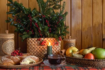 Christmas still life with tea cup and cake