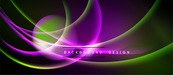 Abstract flowing lines create vibrant purple, green glow. Dark background emphasizes luminous curves, modern design element.