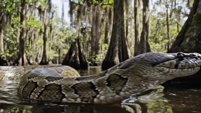 A large python is partially submerged in a murky swamp tongue extended