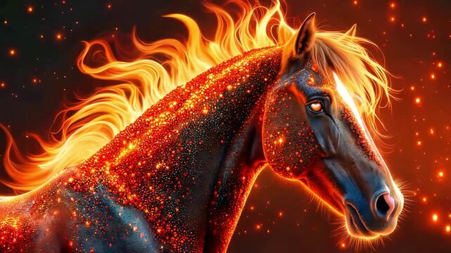 Fiery horse portrait glowing embers sparkling mane dark background mythical creature fantasy animal majestic equine power intense heat digital art dramatic lighting vibrant orange red illumination cos