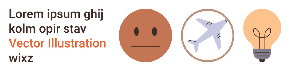 Travel, innovation, emotion, simplicity, ideas, communication. Neutral face, airplane and a light bulb. Travel and innovation through an airplane and light bulb concept