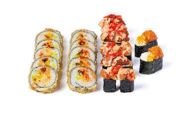 Large set of sushi, rolls and nigiri on a white background