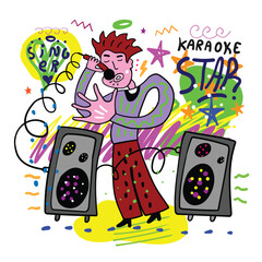 Karaoke singer man hand drawn vector illustration , multicolored doodle design element