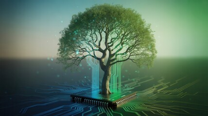 Conceptual image of a vibrant green tree growing out of a computer microchip, symbolizing green technology, sustainable computing, and the fusion of nature and digital innovation