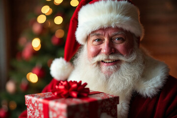 Santa Claus Close-Up Holding Gift Box and Smiling