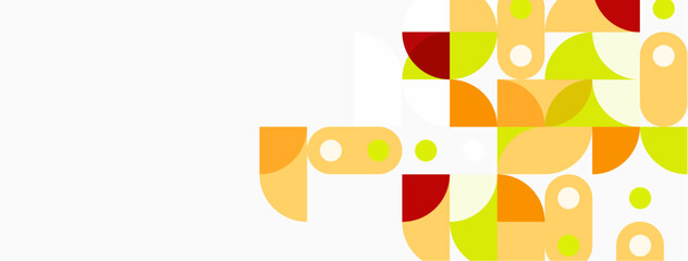 Abstract geometric shapes, warm colors dominate. Composition features overlapping circles, rectangles, minimalist design. Clean aesthetic.
