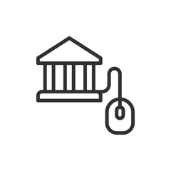 Bank building with mouse, linear icon. Online banking access and digital finance. Line with editable stroke.