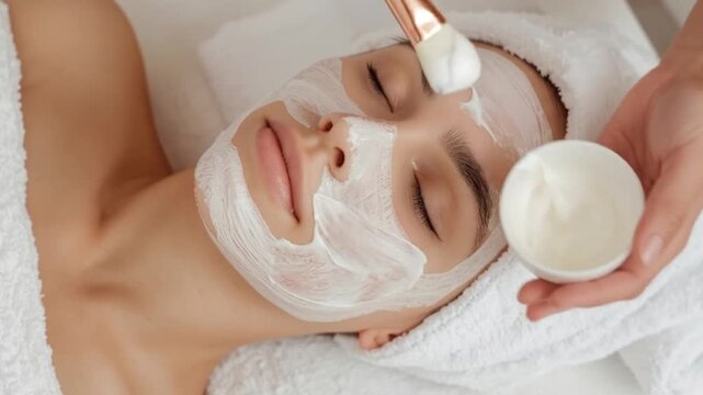 A woman receives a facial mask application