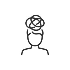 Person with tangled lines on head, linear icon. Confusion and mental overwhelm. Line with editable stroke.
