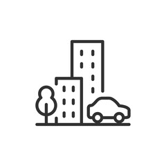 City buildings with car, linear icon. Urban environment and street landscape. Line with editable stroke.