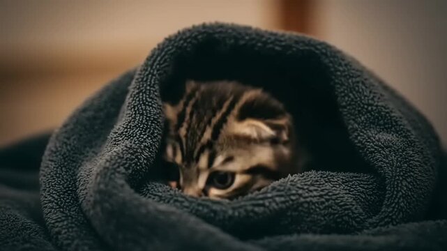 Cozy kitten wrapped in a blanket, looking curiously around