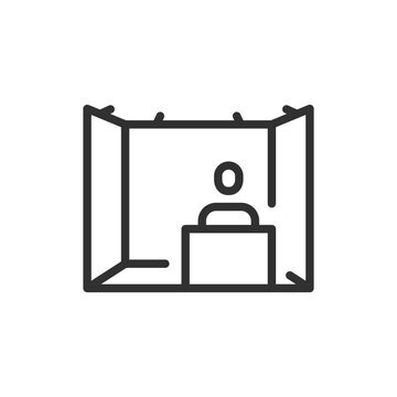 Exhibition stand with person, linear icon. Promotional display and trade show presentation. Line with editable stroke.