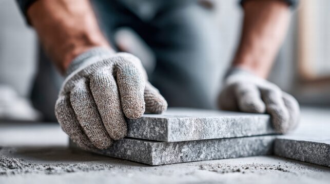 Construction worker carefully placing stone tiles during renovation work.