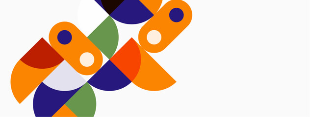 Abstract geometric shapes overlap, creating dynamic composition. Orange, purple, green hues dominate white background. Modern design elements present.