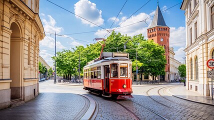 Red tram travels down european city street with historic buildings, trees, and blue sky