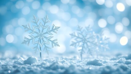 Sparkling snowflake decoration standing in snow on a blue festive bokeh background