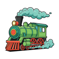 A green steam locomotive train engine blowing thick clouds of grey smoke, vector illustration. © Vectonic Wave