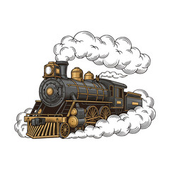 Vintage steam train locomotive engine puffing white smoke clouds vector illustration © Vectonic Wave