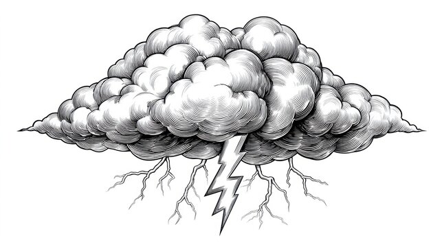 Storm cloud with lightning in vintage engraving style
