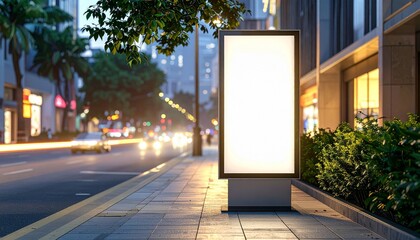 Brightly lit blank advertisement panel standing on an urban street at twilight, perfect for new campaign messaging