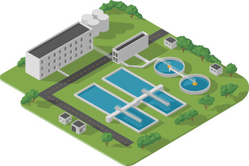 Isometric water treatment plant illustration showing sedimentation tanks, filtration basins, buildings, and municipal clean water infrastructure system