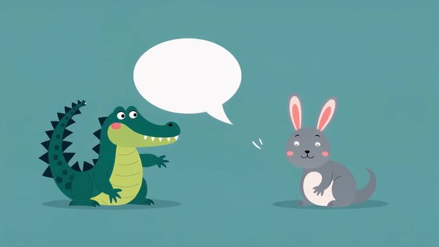 Green Crocodile Talking To Gray Rabbit With Speech Bubble Flat Vector Illustration