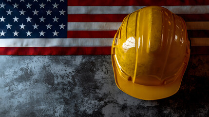 Yellow Construction Helmet on American Flag Background. Yellow hard hat on the American flag, symbolizing safety and patriotism