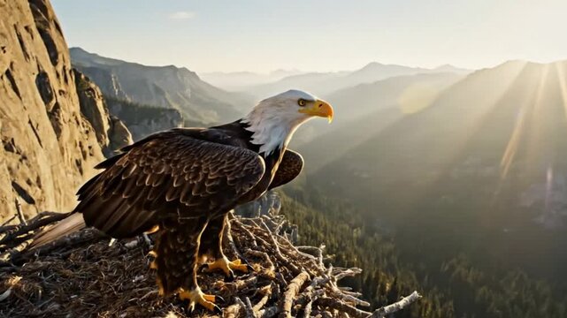 Bald eagle stands in nest atop cliff overlooking mountain valley in morning light