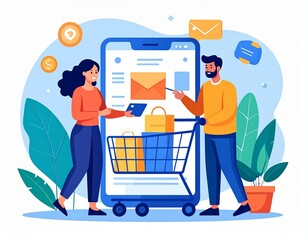 Online shopping convenience a man and woman interact with a smartphone displaying a shopping cart, symbolizing digital commerce and easy transactions