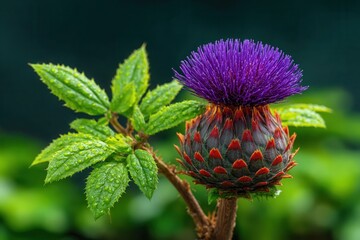 Fototapeta premium Vibrant purple thistle flower with green leaves and red spiky bracts
