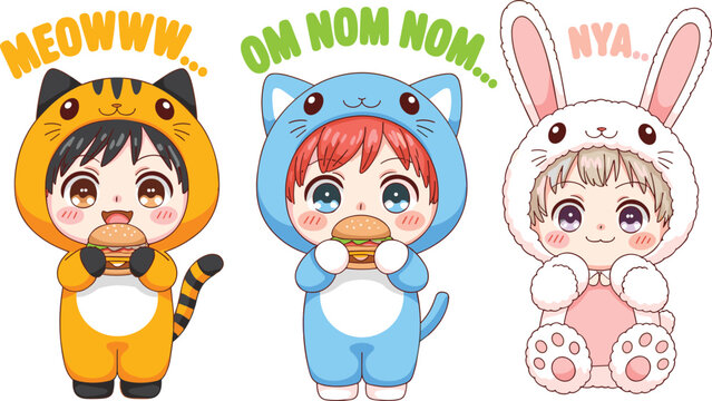 Cute kawaii chibi characters wearing tiger cat and rabbit animal onesies eating burgers with meow om nom nom and nya text typography vector