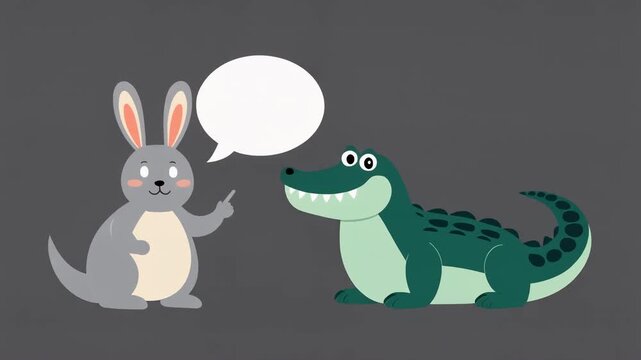 Gray Bunny Points at Green Alligator with Speech Bubble on Gray Background Flat Vector