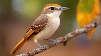 Fototapeta premium Small bird with orange and brown feathers perched on branch