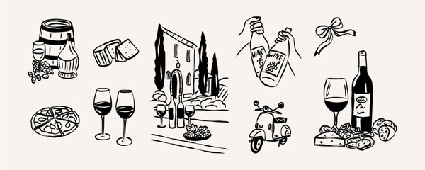 Vintage hand drawn wine party collection
