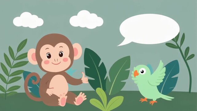Cute brown monkey and green parrot talking in jungle with speech bubble