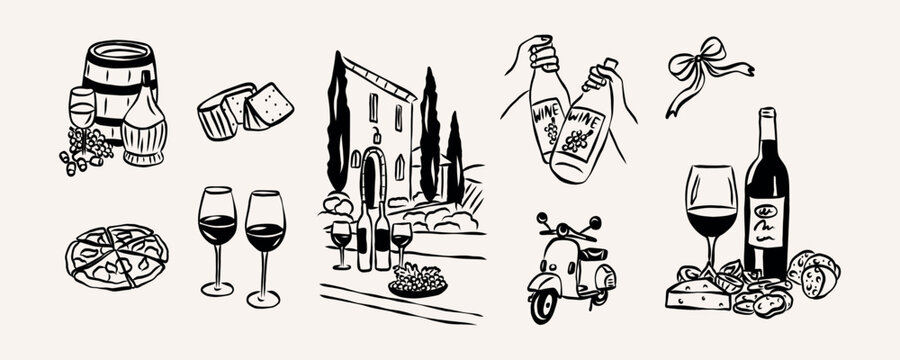 Vintage hand drawn wine party collection
