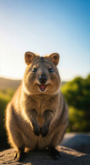 Close-up portrait of a happy smiling quokka. Adorable Australian marsupial in nature during golden hour with copy space.