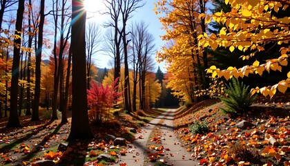 A serene autumn landscape with a pathway meandering through a forest of trees adorned with vibrant fall colors.