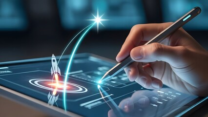 Digital transformation hand using stylus on tablet with rocket launching graphic