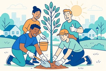 Group of diverse young people planting a tree together in a sunny park with cityscape background, promoting teamwork and environmental care. Ai generative