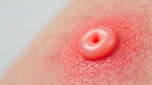 Close-up Macro Shot of a Pimple with Redness and Pus on Skin.