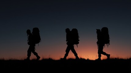 Silhouette of Trekkers at Sunset: A captivating silhouette captures three trekkers hiking resolutely against a vibrant sunset.