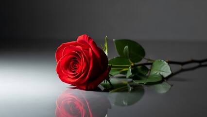 Fototapeta premium Single red rose on reflective surface