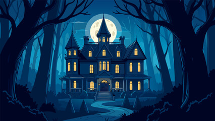 A spooky, dimly lit Victorian mansion looms in a dark, moonlit forest with glowing windows. © Purnomo