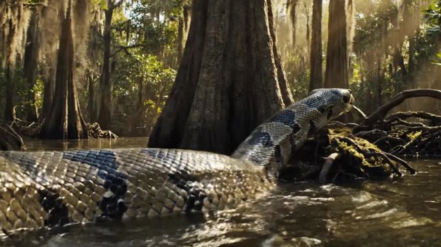 Giant anaconda snakes through swamp waters its body prominent against the lush forested backdrop