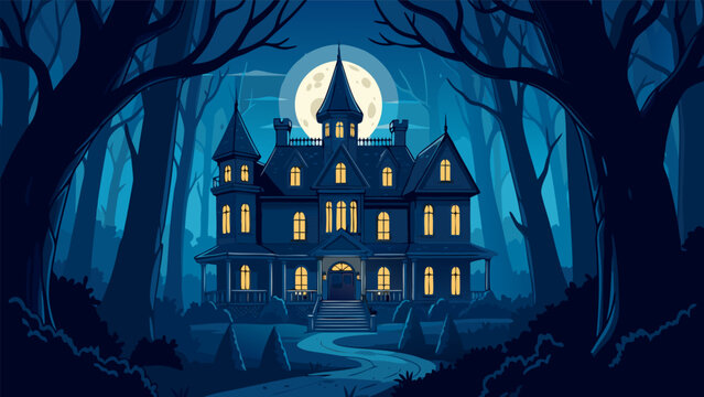 A spooky, dimly lit Victorian mansion looms in a dark, moonlit forest with glowing windows.