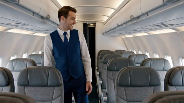 Flight attendant stands in plane aisle gesturing to empty seats overhead compartments visible