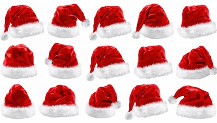 Christmas Santa hat variations isolated on white background, ideal for holiday branding, celebration themes, and winter graphics
