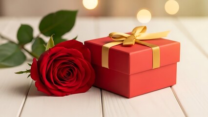 Single red rose beside a gift box