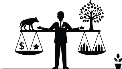 PrintBusinessman balancing ethics and profit silhouette, money vs nature on a scale, finance, ecology, corporate social responsibility, vector illustration.